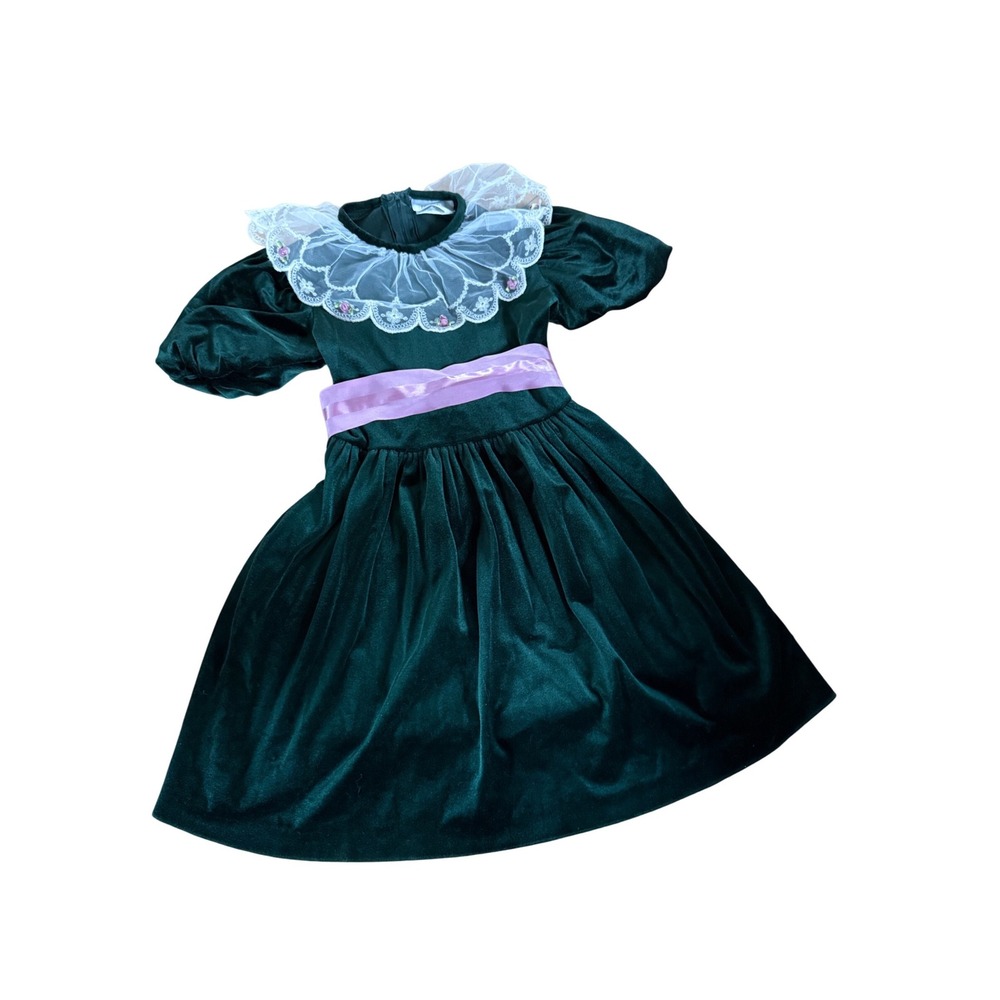 Vintage Bonnie Jean green velour white lace tie back bow holiday‎ dress girls